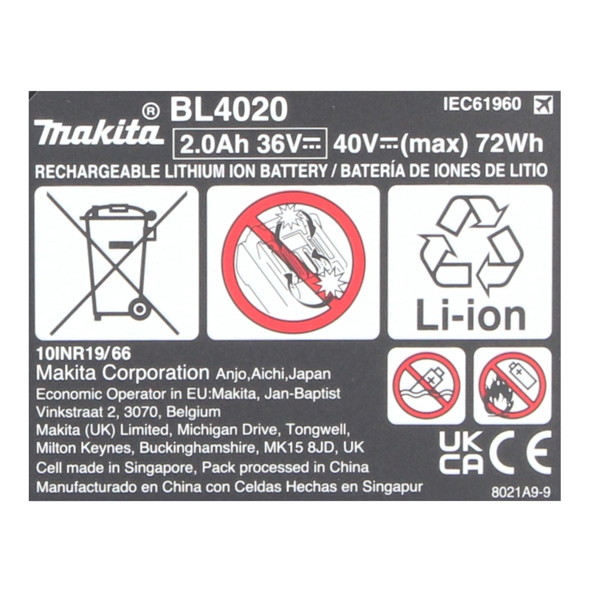 Batterie Makita BL 4020 Li-Ion 40 V max. 2,0 Ah XGT (191L29-0) Classe de protection IP64 avec affichage LED