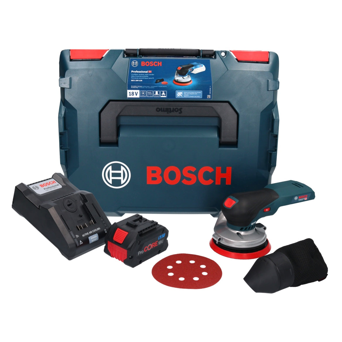 Ponceuse excentrique sans fil Bosch GEX 18V-125 Professional 18 V 125 mm sans balais + 1 batterie ProCORE 5,5 Ah + chargeur + L-Boxx