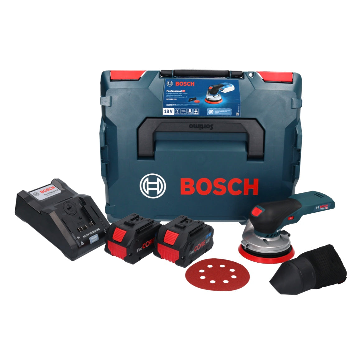 Bosch GEX 18V-125 Ponceuse excentrique professionnelle sur batterie 18 V 125 mm sans balais + 2x batterie ProCORE 5,5 Ah + chargeur + L-Boxx