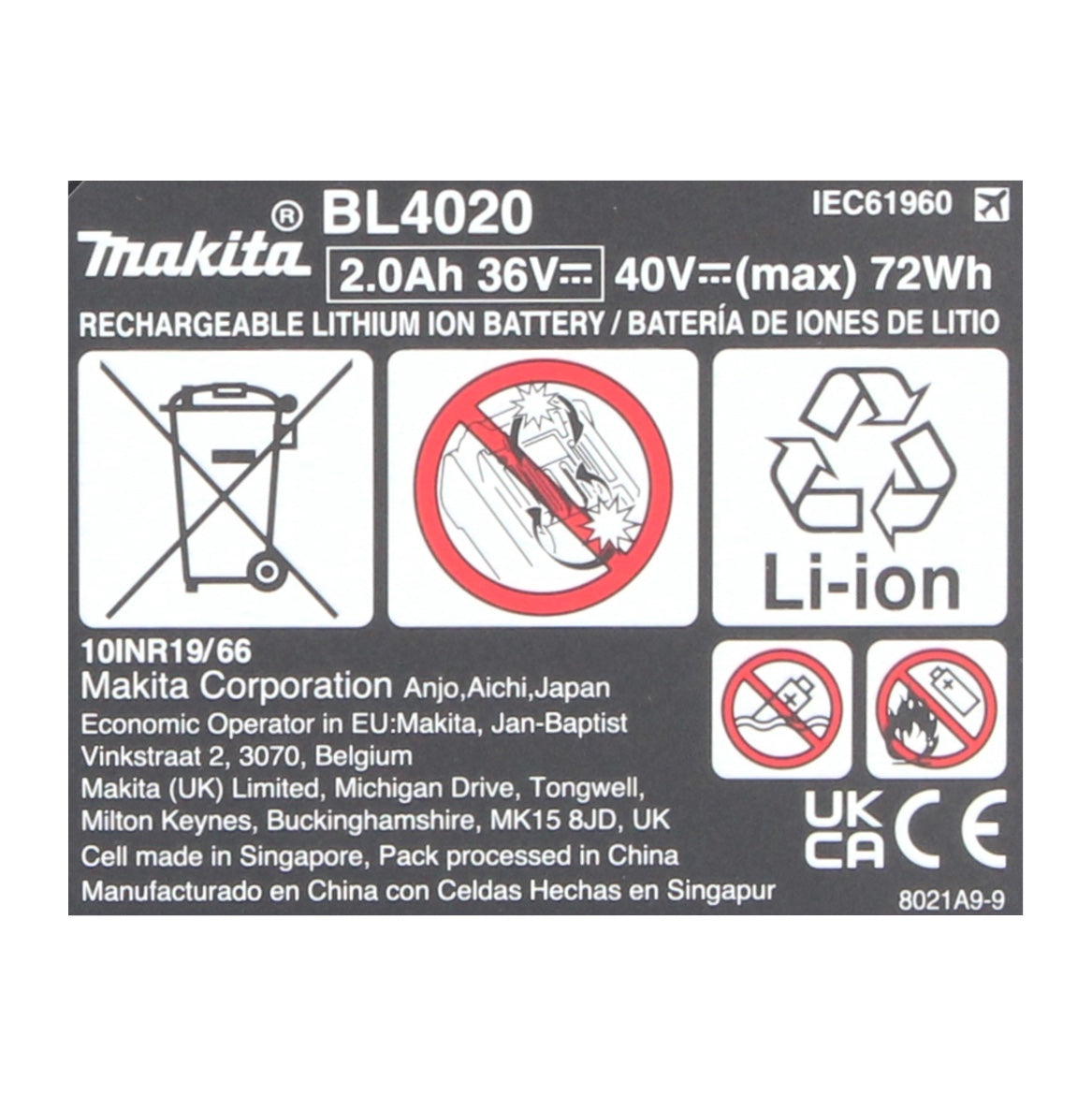 Jeu de batteries Makita 4x batterie Li-Ion BL 4020 40 V max. 2,0 Ah XGT (4x 191L29-0) classe de protection IP64 avec affichage LED