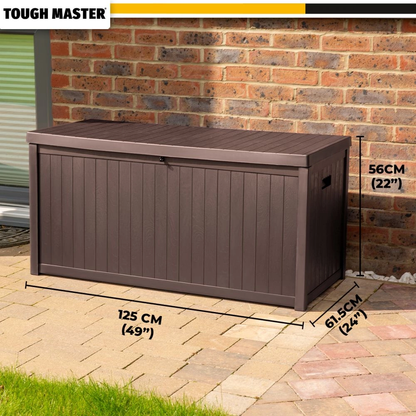 TOUGH MASTER 430L Aufbewahrungsbox aus Kunststoff mit Scharnier, Seitengriff, abschließbarer Deckel, wasser- und wetterfest in Holzoptik ( TM-SBW43H ) - Toolbrothers