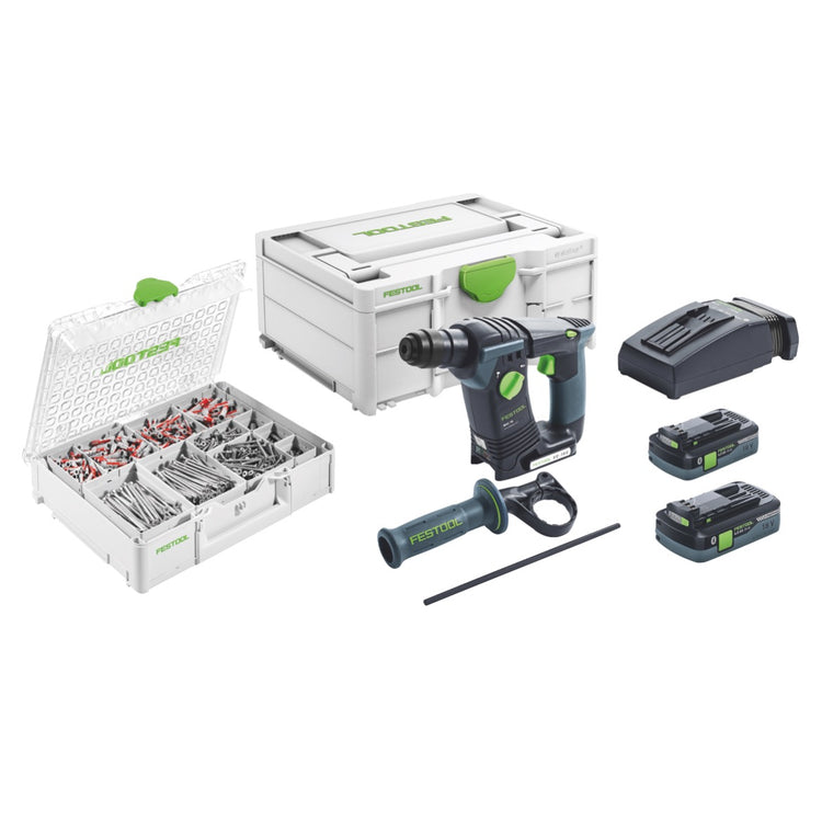 Festool BHC 18 HPC 4,0 I-Plus Akku Bohrhammer 18 V 25 Nm 1,8 J SDS Plus Brushless + 2x Akku 4,0 Ah + Ladegerät + 650 tlg. Schrauben und Dübel Sortiment + Systainer - Toolbrothers