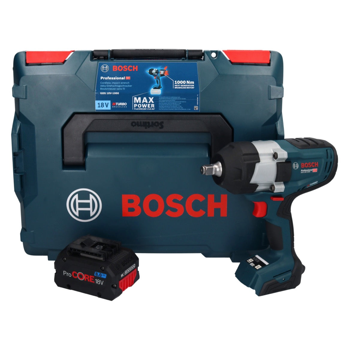 Bosch GDS 18V-1000 Professional Clé à chocs rotative sans fil 18 V 1000 Nm BITURBO brushless + 1x batterie ProCORE 8,0 Ah + L-Boxx - sans chargeur