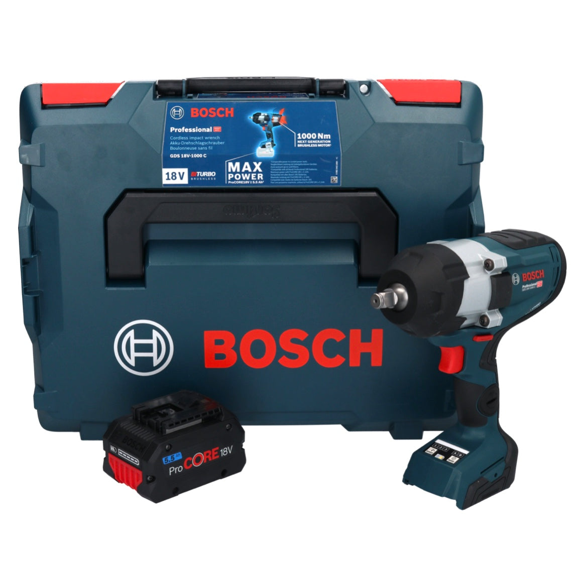 Bosch GDS 18V-1000 C Professional Akku Drehschlagschrauber 18 V 1000 Nm BITURBO Brushless + 1x ProCORE Akku 5,5 Ah + GCY 42 Bluetooth Modul + L-Boxx - ohne Ladegerät - Toolbrothers