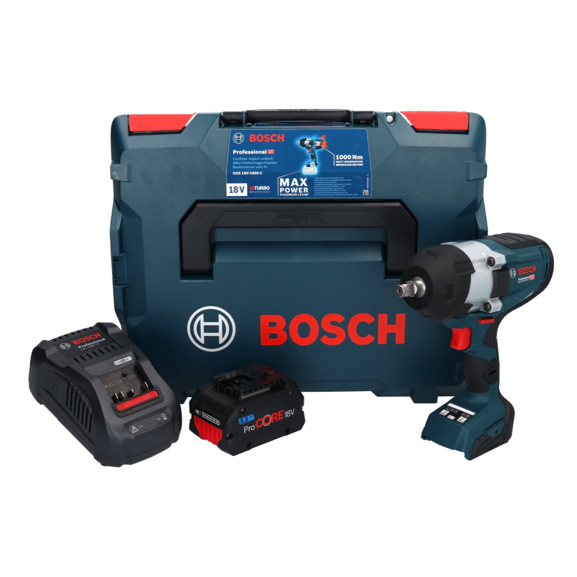 Bosch GDS 18V-1000 C Professional Akku Drehschlagschrauber 18 V 1000 Nm BITURBO Brushless + 1x ProCORE Akku 5,5 Ah + Ladegerät + GCY 42 Bluetooth Modul + L-Boxx - Toolbrothers