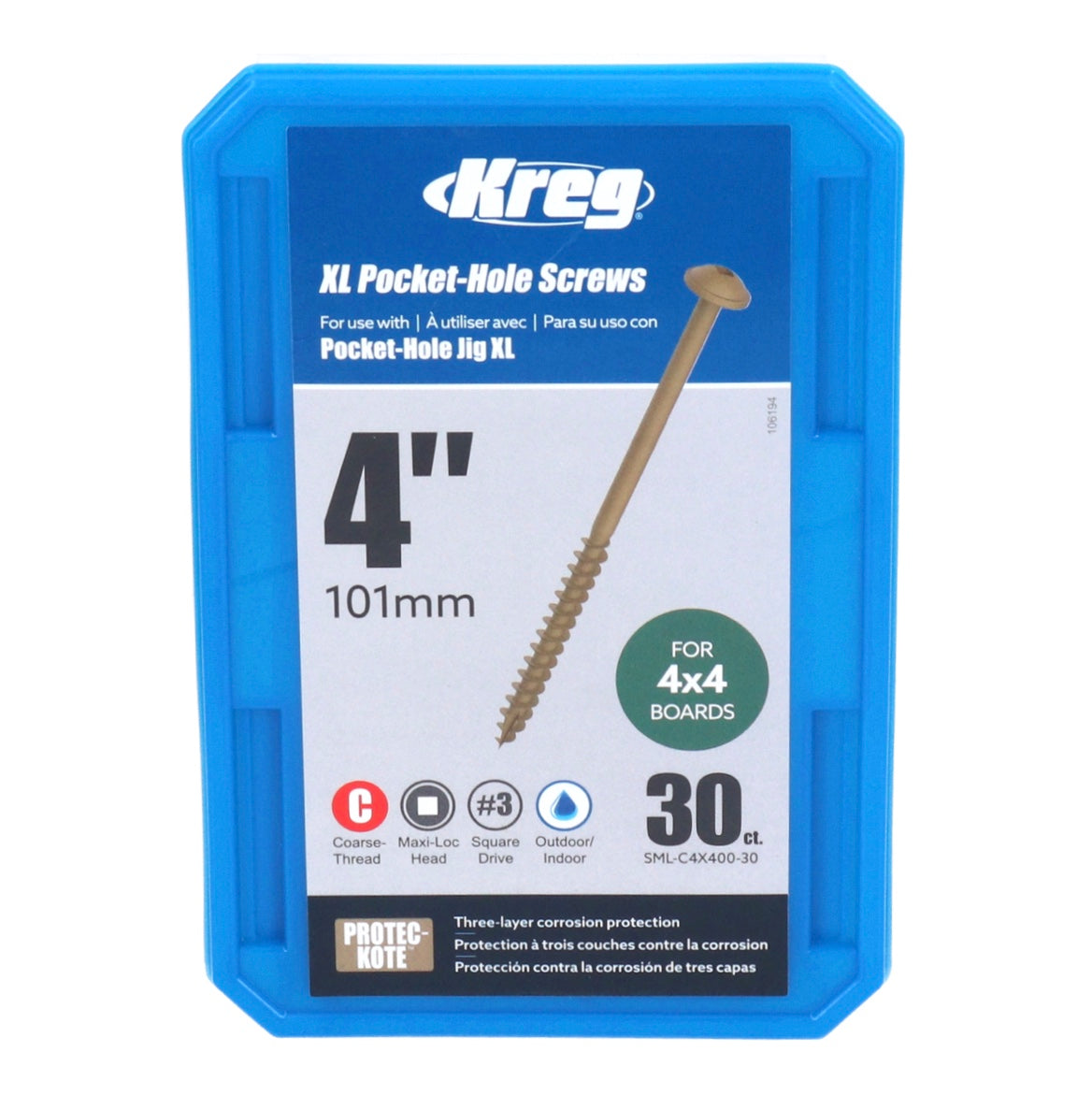 Vis à trou de poche Kreg XL 4,0 x 100 mm 30 pièces (SML-C4X400-30) partiellement filetées Robertson