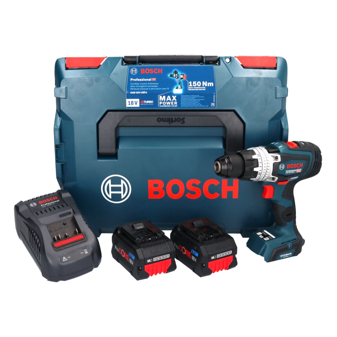 Bosch GSB 18V-150 C Professional perceuse à percussion sans fil 18 V 150 Nm Biturbo brushless (06019J5105) + 2x batterie ProCORE 8,0 Ah + chargeur + L-Boxx