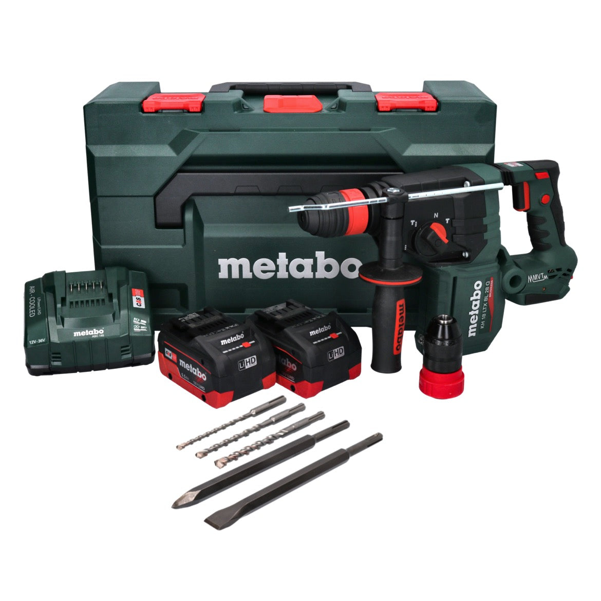 Marteau perforateur sans fil Metabo KH 18 LTX BL 28 Q 18 V 3 J SDS plus sans balais + 2 batteries 5,5 Ah + chargeur + jeu de 5 burins + metaBOX