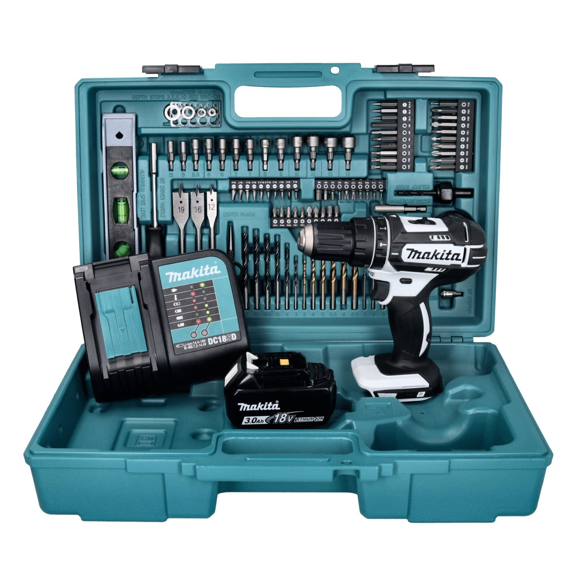 Makita DHP 482 SFX5W Akku Schlagbohrschrauber 18 V 62 Nm weiß + 1x Akku 3,0 Ah + Ladegerät + 101 tlg. Zubehör Set + Koffer - Toolbrothers