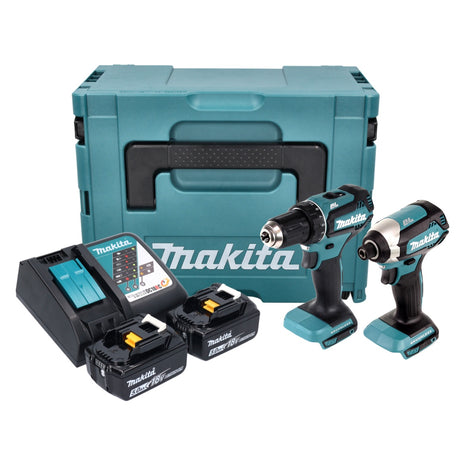 Makita DLX 2289 TJ Combo Kit 18 V avec perceuse sans fil DDF 485 + clé à chocs sans fil DTD 153 + 2 batteries 5,0 Ah + chargeur + Makpac