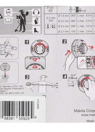 Tête Makita 2 fils Tap&amp;Go 2,0 mm (191D91-7) pour coupe-herbe sans fil 18 V DUR 187 et DUR 188