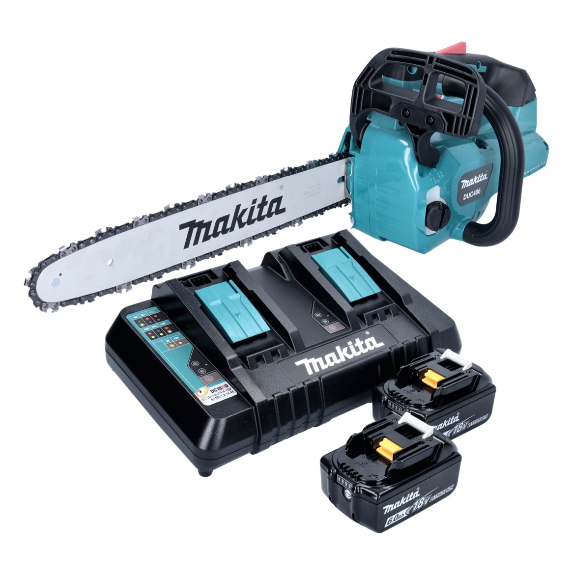 Makita DUC 406 PGB Akku Kettensäge 36 V ( 2x 18 V ) 40 cm Brushless + 2x Akku 6,0 Ah + Doppelladegerät