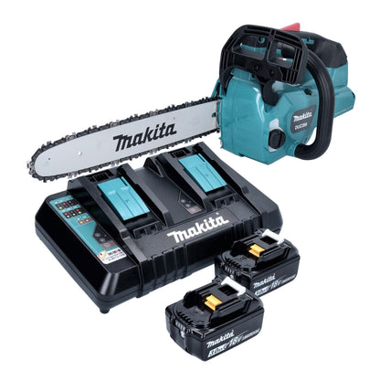 Makita DUC 356 PFB Akku Kettensäge 36 V ( 2x 18 V ) 35 cm Brushless + 2x Akku 3,0 Ah + Doppelladegerät