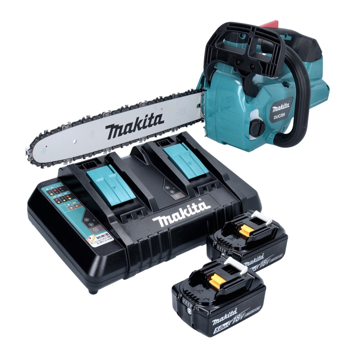 Tronçonneuse à batterie Makita DUC 356 PTB 36 V (2x 18 V) 35 cm sans balais + 2x batterie 5,0 Ah + double chargeur