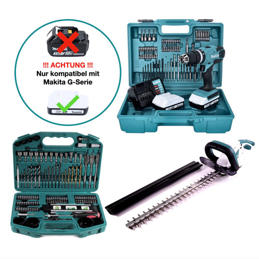 Makita DF 457 DWE perceuse-visseuse sans fil 18 V 42 Nm série G + taille-haie sans fil Makita UH 522 DZ + 2 batteries 1,5 Ah + chargeur + jeu de 101 embouts + mallette