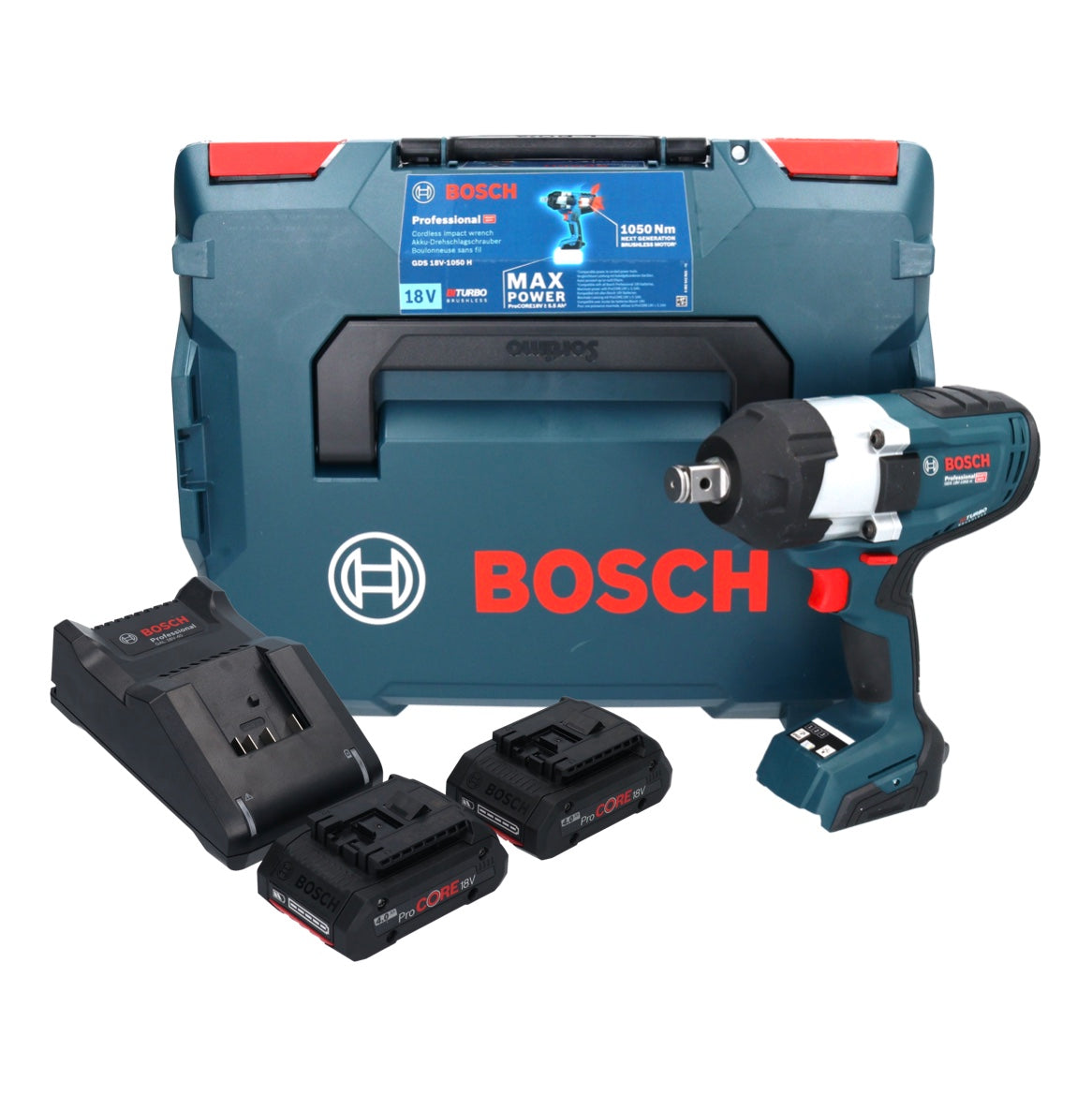 Clé à chocs rotative sans fil Bosch GDS 18V-1050 H 18 V 1050 Nm 3/4" Biturbo brushless + 2x batterie ProCORE 4,0 Ah + chargeur + L-Boxx