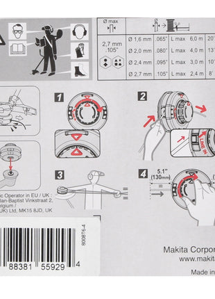 Makita tête 2 fils Tap&amp;Go 2,0 mm 2 pièces (2x 191D91-7) pour coupe-herbe sans fil 18 V DUR 187 et DUR 188