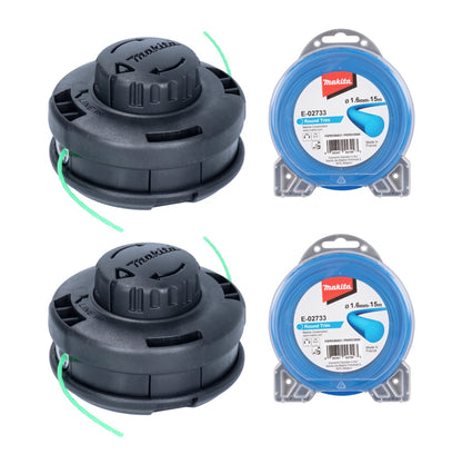 Makita tête 2 fils Tap&amp;Go 2,0 mm 2 pièces (2x 191D91-7) + fil de coupe rond 1,6 mm 15 m 2 pièces (2x E-02733) pour coupe-herbe à batterie 18 V DUR 187 et DUR 188