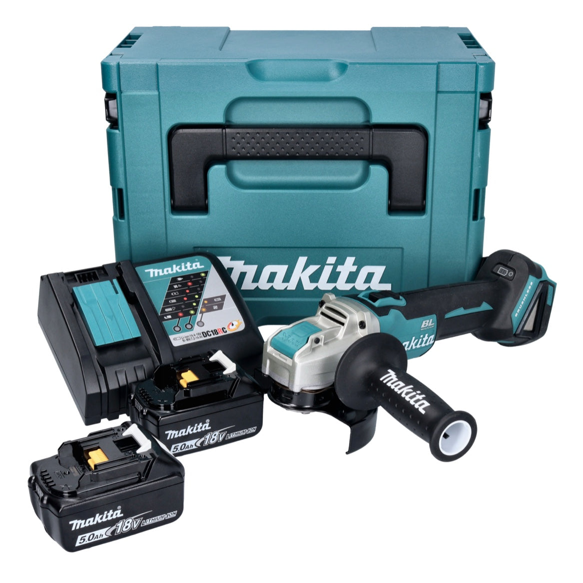 Makita DGA 521 RTX1J Meuleuse d'angle sur batterie 18 V 125 mm X-LOCK brushless + 2x batterie 5,0 Ah + chargeur + Makpac