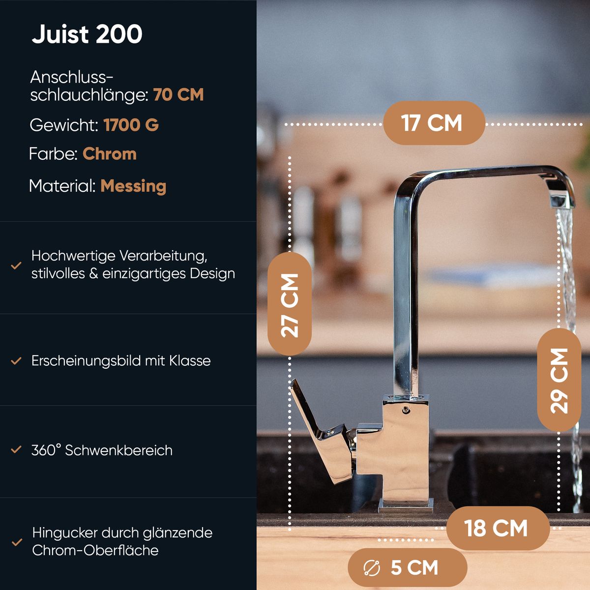 Rosenhahn & Söhne Juist 200 Küchenarmatur 360° Drehbarer Wasserhahn Küche - Armatur Küche [Chrom] - 2-fach verstellbare Spültischarmatur + Anschlussschläuche - Toolbrothers