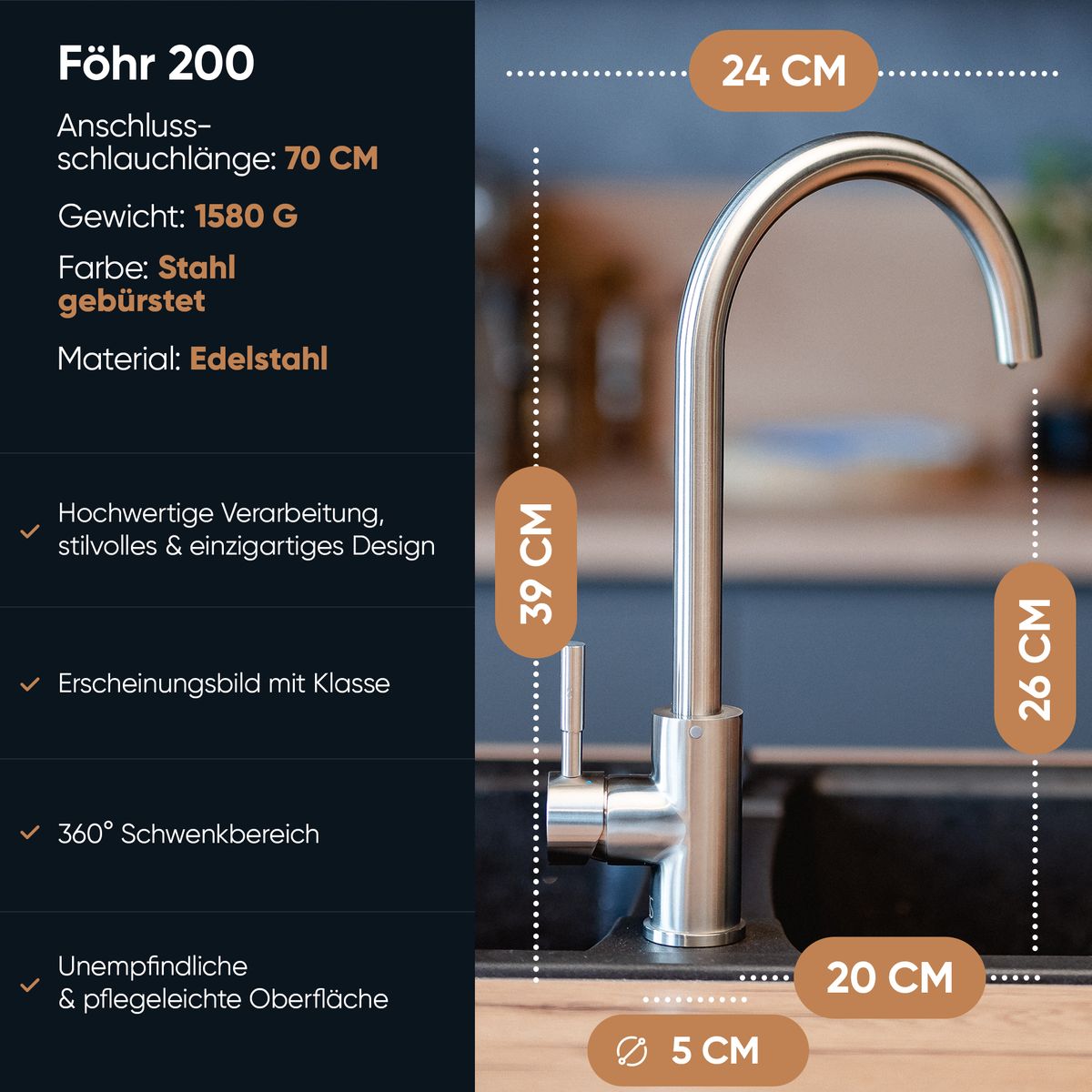 Rosenhahn & Söhne Föhr 200 Küchenarmatur 360° drehbarer Wasserhahn Küche - Armatur Küche [gebürsteter Edelstahl] - 2-fach verstellbare Spültischarmatur + Anschlussschläuche - Toolbrothers