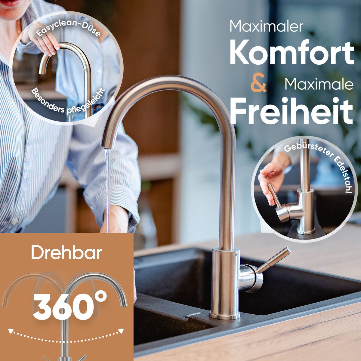 Rosenhahn & Söhne Föhr 200 Küchenarmatur 360° drehbarer Wasserhahn Küche - Armatur Küche [gebürsteter Edelstahl] - 2-fach verstellbare Spültischarmatur + Anschlussschläuche - Toolbrothers