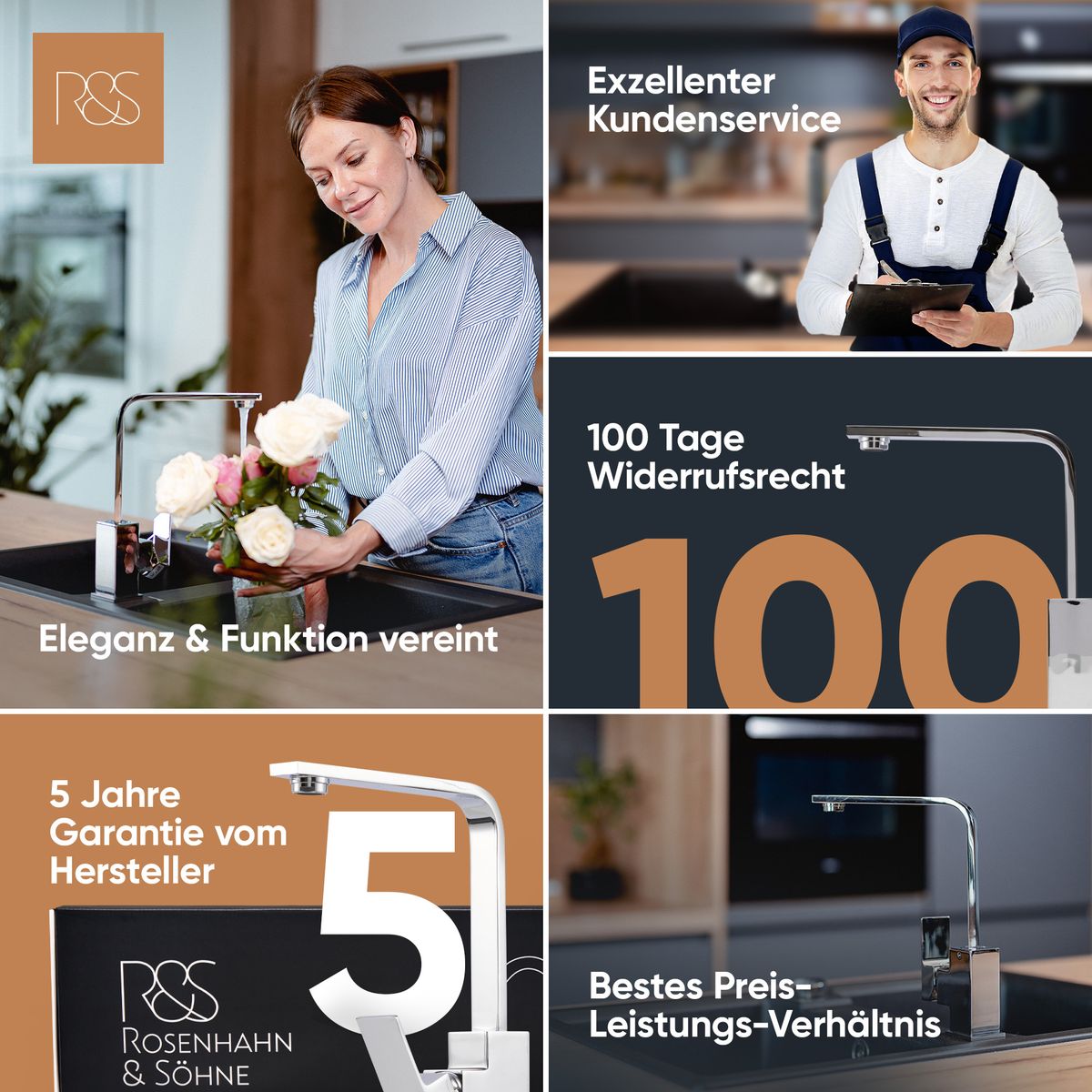 Rosenhahn & Söhne Juist 100 Küchenarmatur 360° Drehbarer Wasserhahn Küche - Armatur Küche [Chrom] - 2-fach verstellbare Spültischarmatur + Anschlussschläuche - Toolbrothers