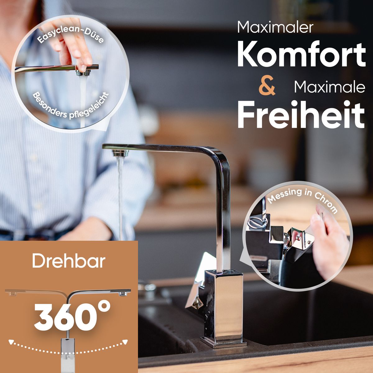 Rosenhahn & Söhne Juist 100 Küchenarmatur 360° Drehbarer Wasserhahn Küche - Armatur Küche [Chrom] - 2-fach verstellbare Spültischarmatur + Anschlussschläuche - Toolbrothers