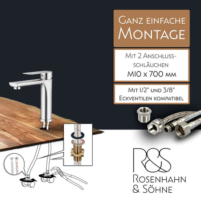 Rosenhahn & Söhne Poel M Design Badarmatur Wasserhahn Badezimmer - Armatur Bad [Chrom] - Heiß + Kalt Waschtischarmatur + Anschlussschläuche - Toolbrothers