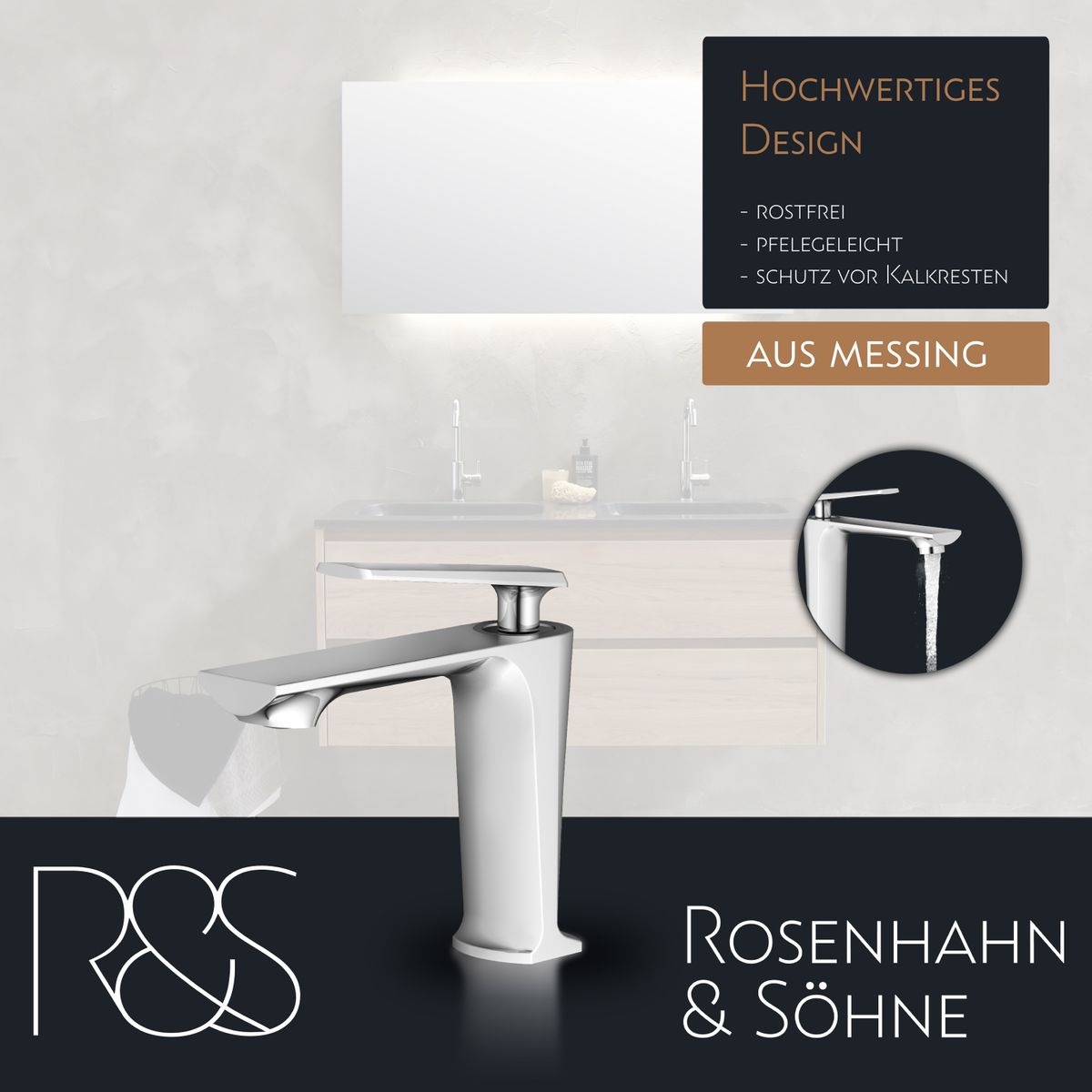 Rosenhahn & Söhne Vilm M Design Badarmatur Wasserhahn Badezimmer - Armatur Bad [Chrom] - Heiß + Kalt Waschtischarmatur + Anschlussschläuche - Toolbrothers