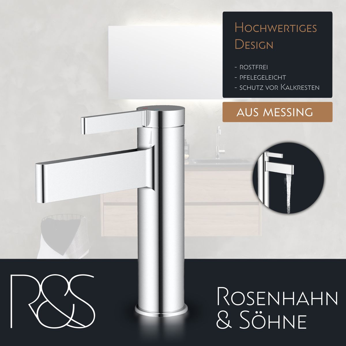 Rosenhahn & Söhne List M Badarmatur Wasserhahn Badezimmer - Armatur Bad [Chrom] - Heiß + Kalt Waschtischarmatur + Anschlussschläuche - Toolbrothers