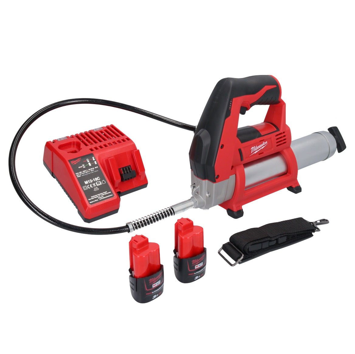 Pistolet graisseur à batterie Milwaukee M12 GG-302C 12 V 562 bar + 2x batteries 3,0 Ah + chargeur