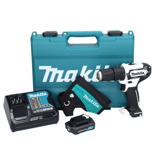 Makita HP 333 DSAW perceuse à percussion sans fil 12 V 30 Nm blanc + 1x batterie 2,0 Ah + chargeur + étui + mallette