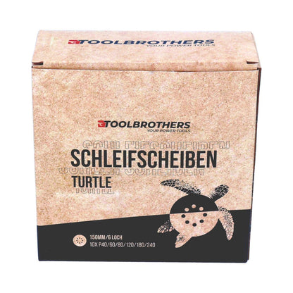 Toolbrothers TURTLE Schleifset 150 mm Klett 6 Loch je 10x P40 / P60 / P80 / P120 / P180 / 240 für Hartholz, Weichholz, Lack, Stein, Stahl, Aluminium, Furnier - Toolbrothers