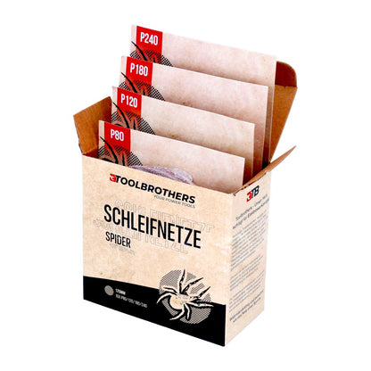 Toolbrothers SPIDER Schleifset Netz Schleifmittel Schleifnetze 125 mm Klett je 10x P80 / P120 / P180 / P240 für Hartholz, Weichholz, Lack, Stein, Stahl, Aluminium, Furnier - Toolbrothers