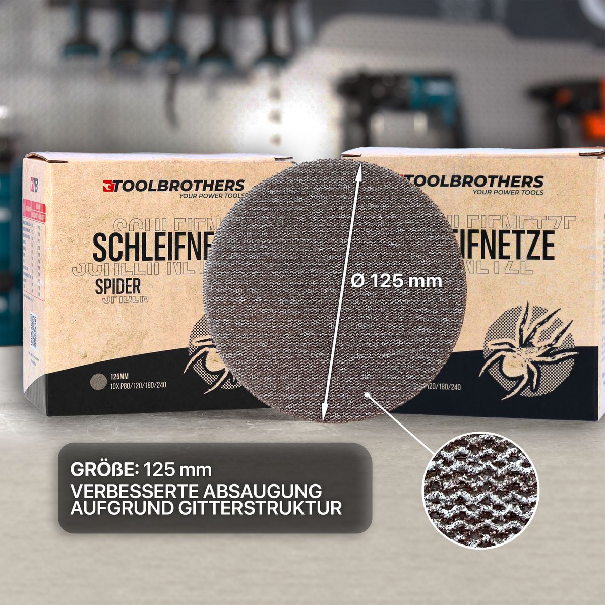 Toolbrothers SPIDER Schleifset Netz Schleifmittel Schleifnetze 125 mm Klett je 10x P80 / P120 / P180 / P240 für Hartholz, Weichholz, Lack, Stein, Stahl, Aluminium, Furnier - Toolbrothers