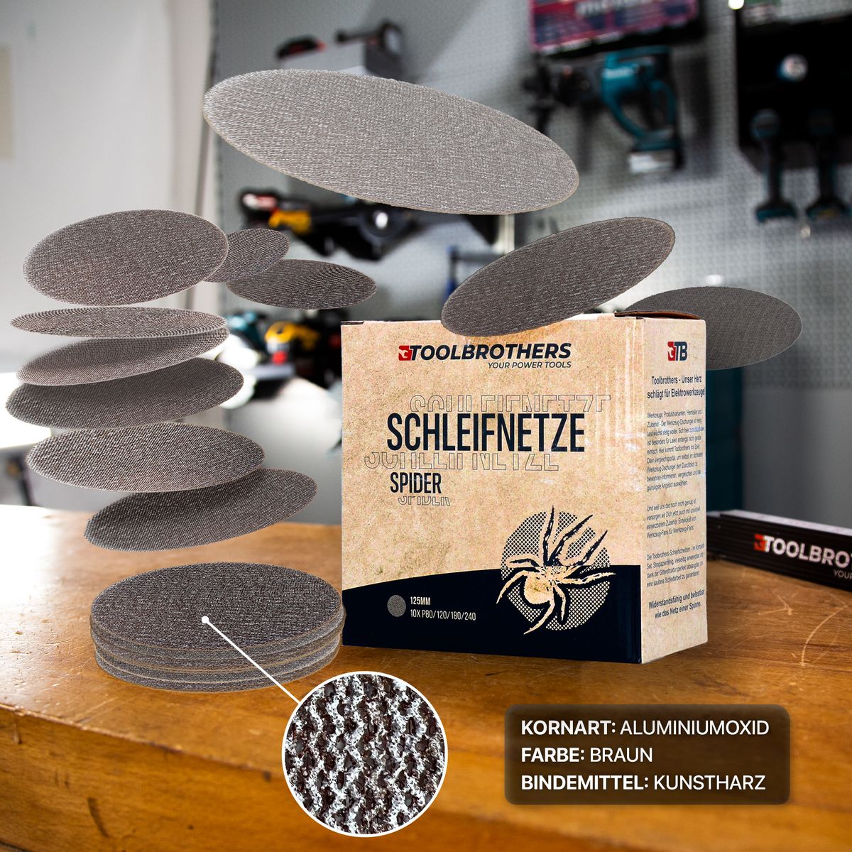 Toolbrothers SPIDER Schleifset Netz Schleifmittel Schleifnetze 125 mm Klett je 10x P80 / P120 / P180 / P240 für Hartholz, Weichholz, Lack, Stein, Stahl, Aluminium, Furnier - Toolbrothers