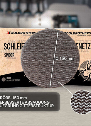 Toolbrothers SPIDER Schleifset Netz 150 mm Klett je 10x P80 / P120 / P180 / 240 für Hartholz, Weichholz, Lack, Stein, Stahl, Aluminium, Furnier - Toolbrothers