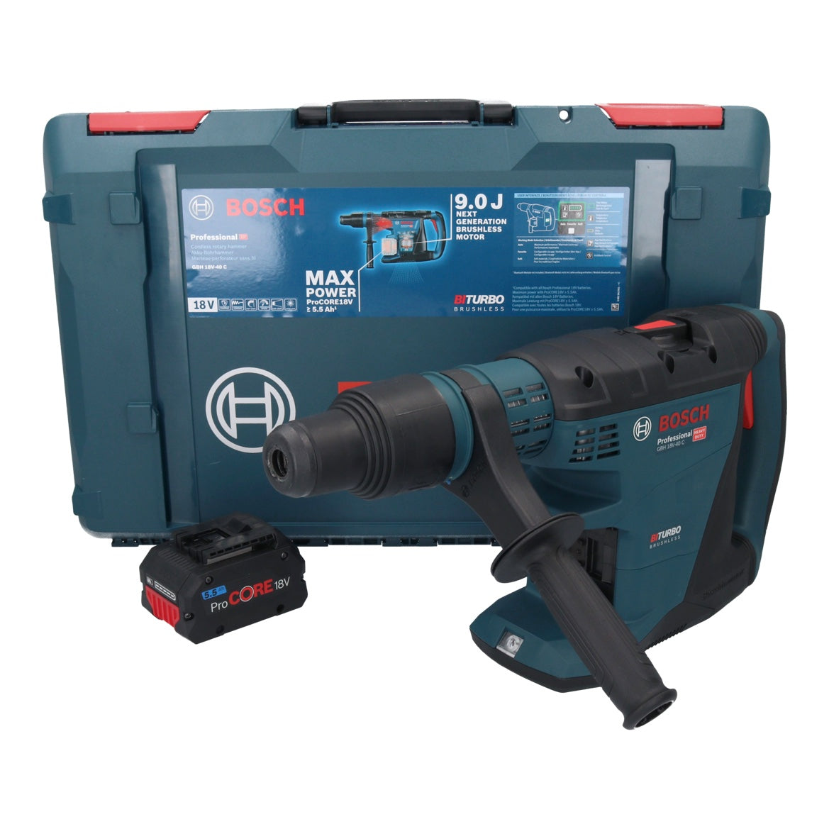 Bosch GBH 18V-40 C Professional Akku Bohrhammer 18 V 9,0 J SDS max BITURBO Brushless + 1x ProCORE Akku 5,5 Ah + XL-BOXX - ohne Ladegerät