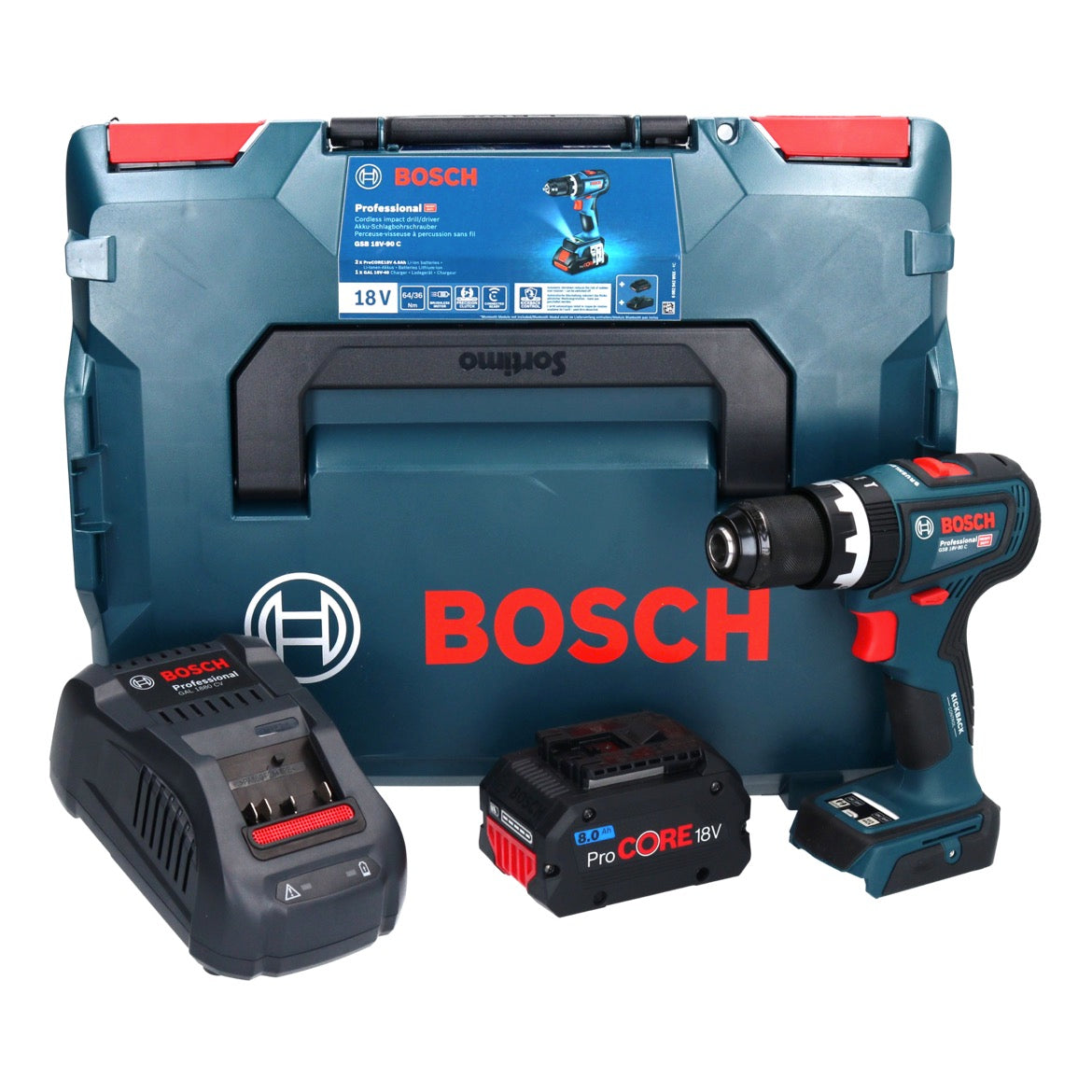 Bosch GSB 18V-90 C Professional perceuse à percussion sans fil 18 V 64 Nm sans balais + 1 batterie ProCORE 8,0 Ah + chargeur + L-Boxx