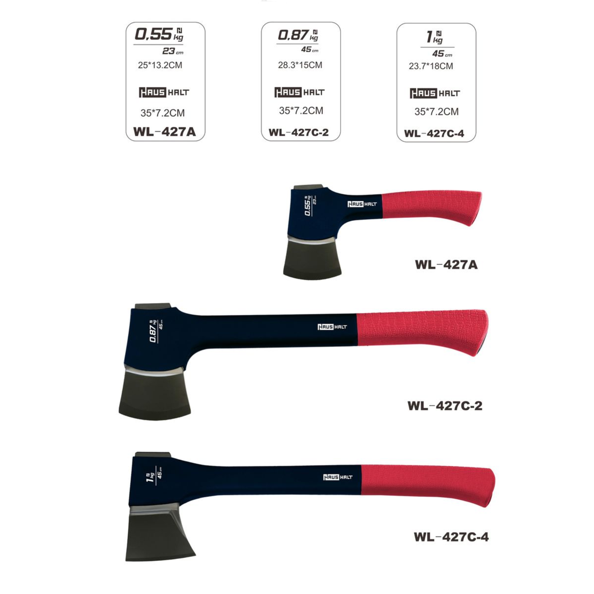 HAUSHALT Axt HH-427A, 230 mm, 0,55 kg, Beil, blau, Kopf aus rostfreien Stahl, mit rutschfesten gummierten Griff in rot ( 000051405551 ) - Toolbrothers