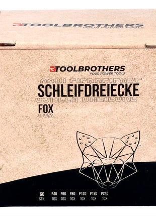 Toolbrothers FOX Schleifset Delta Schleifdreiecke 93 x 93 x 93 mm Klett 6 Loch je 10x P40 / P60 / P80 / P120 / P180 / P240 für Hartholz, Weichholz, Lack, Stein, Stahl, Aluminium, Furnier - Toolbrothers