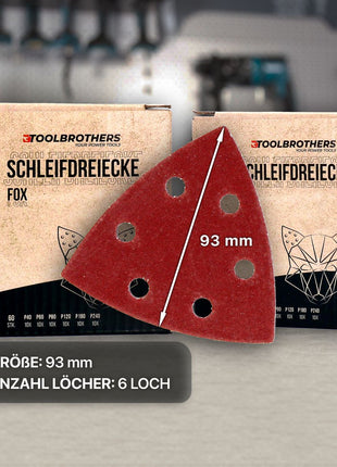 Toolbrothers FOX Schleifset Delta Schleifdreiecke 93 x 93 x 93 mm Klett 6 Loch je 10x P40 / P60 / P80 / P120 / P180 / P240 für Hartholz, Weichholz, Lack, Stein, Stahl, Aluminium, Furnier - Toolbrothers