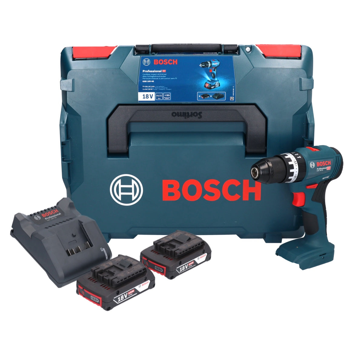 Bosch GSB 18V-45 Akku Schlagbohrschrauber 18 V 45 Nm ( 06019K3303 ) Brushless + 2x Akku 2,0 Ah + Ladegerät + L-Boxx - Toolbrothers