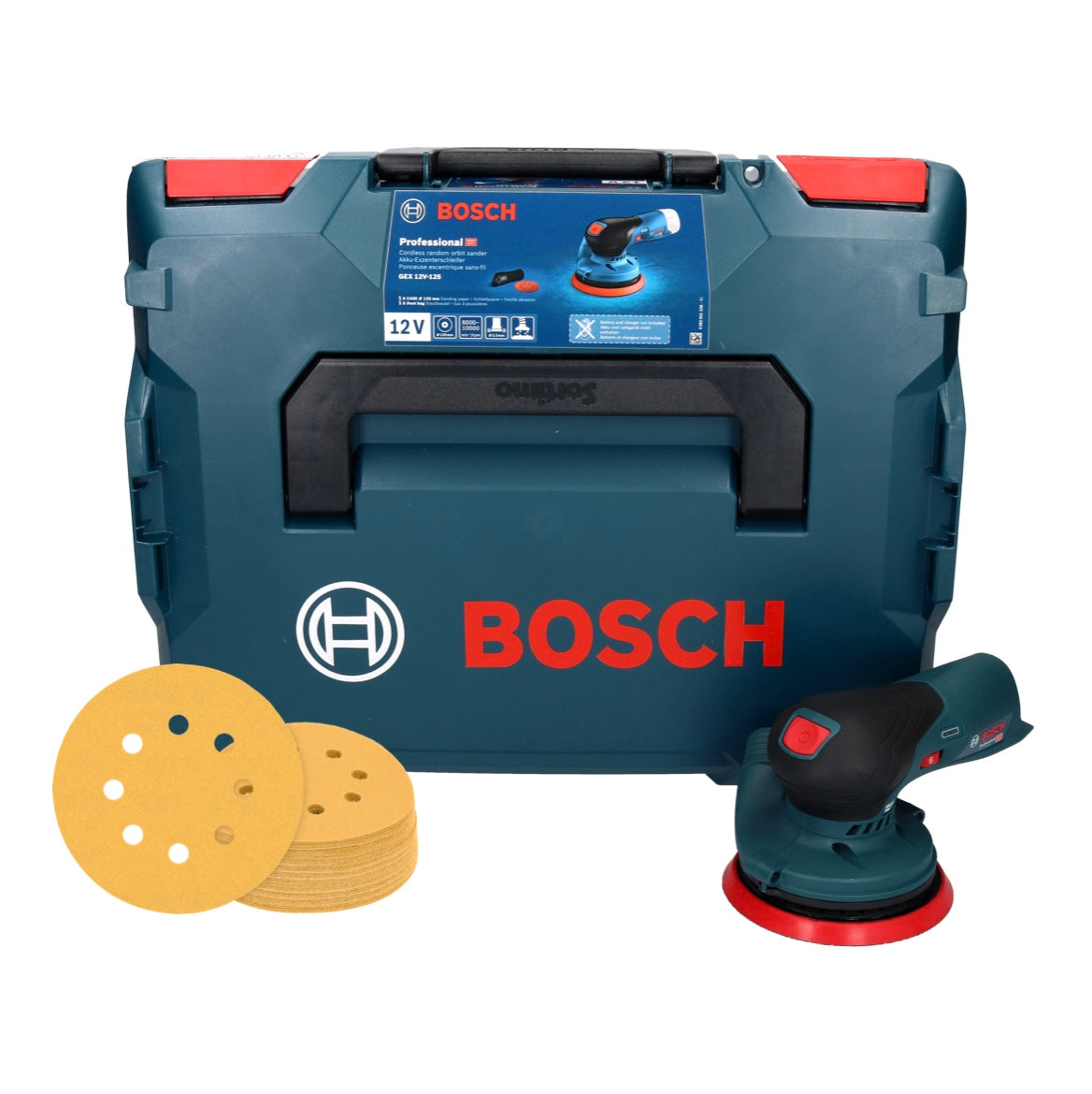 Bosch GEX 12V-125 Professional Akku Exzenterschleifer 12 V 125 mm Brushless + 50x EXPERT C470 Schleifpapier K 120 + L-Boxx - ohne Akku, ohne Ladegerät