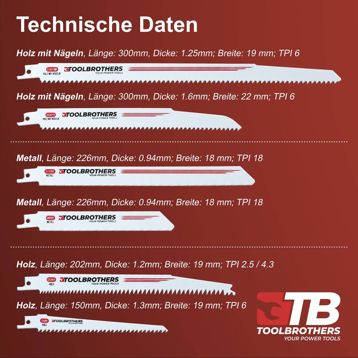 Toolbrothers SAWFISH Reciprosägen 6-teiliges Säbelsägen-Set HCS / BIM für die Bearbeitung von Holz, Holz mit Nägeln, Metall & Kunststoff - Toolbrothers