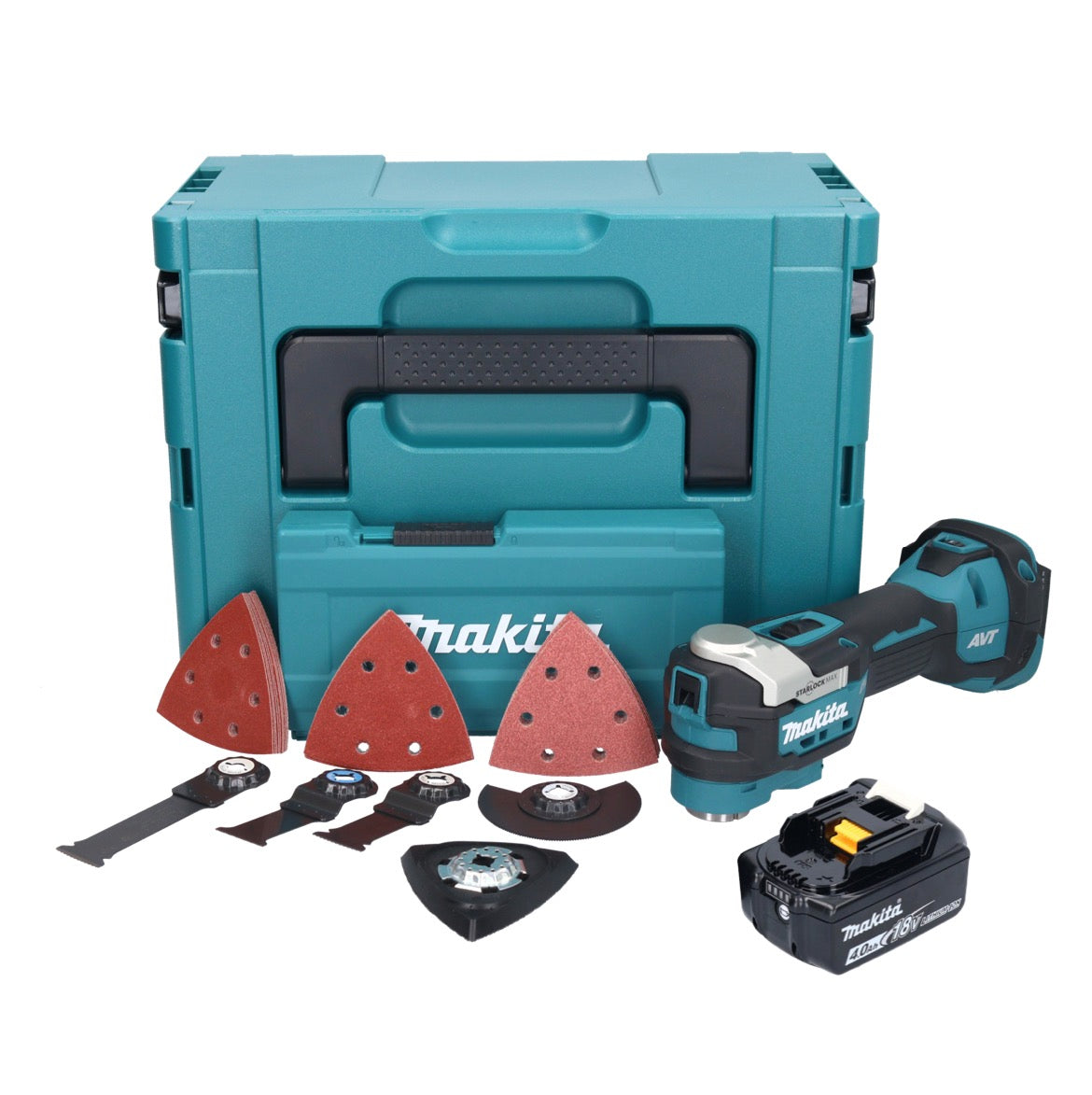 Makita DTM 52 M1JX4 outil multifonction avec batterie 18 V Starlock Max Brushless + 1x batterie 4,0 Ah + jeu d'accessoires + Makpac - sans chargeur