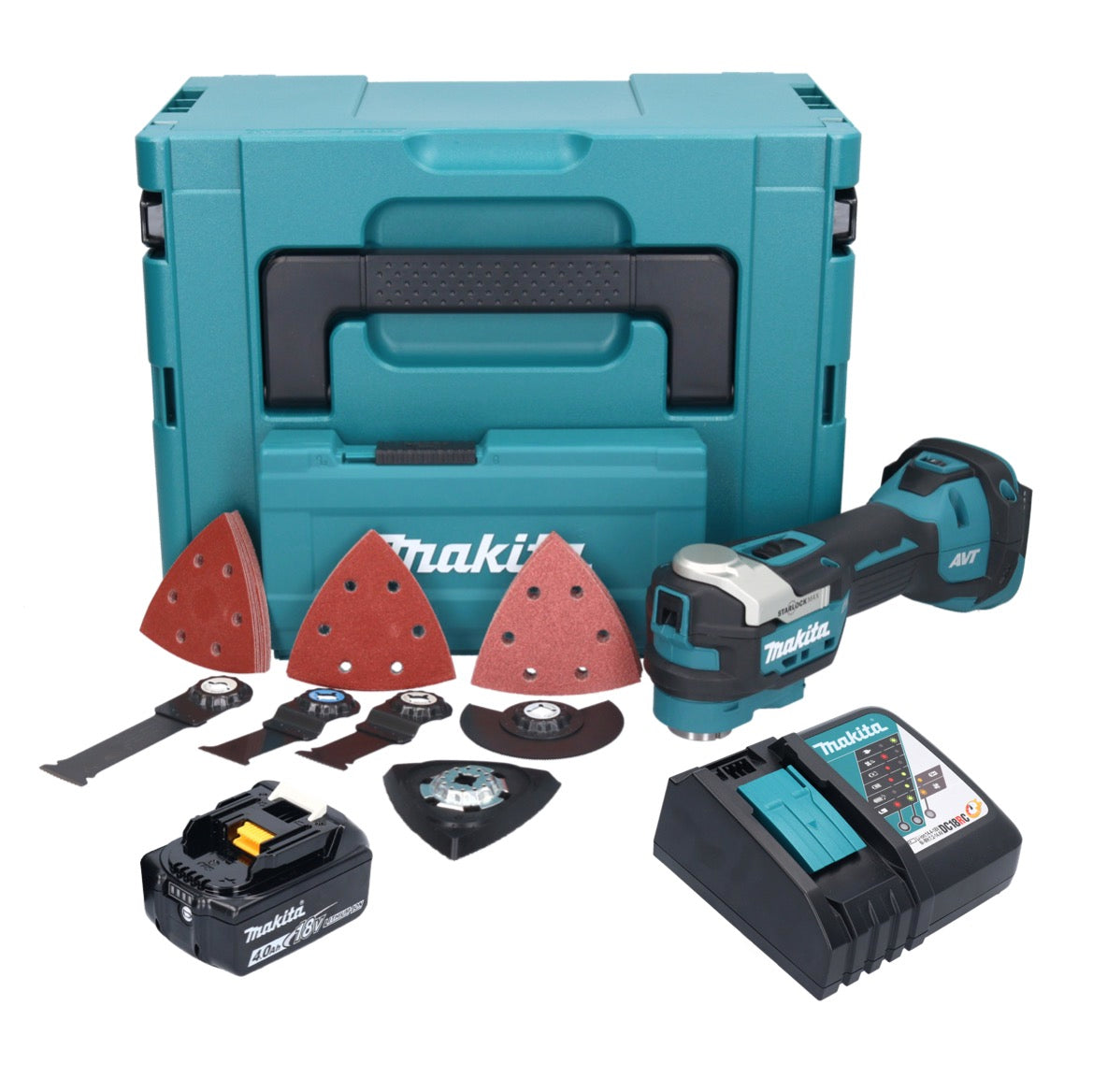 Makita DTM 52 RM1JX4 outil multifonction avec batterie 18 V Starlock Max Brushless + 1x batterie 4,0 Ah + chargeur + jeu d'accessoires + Makpac