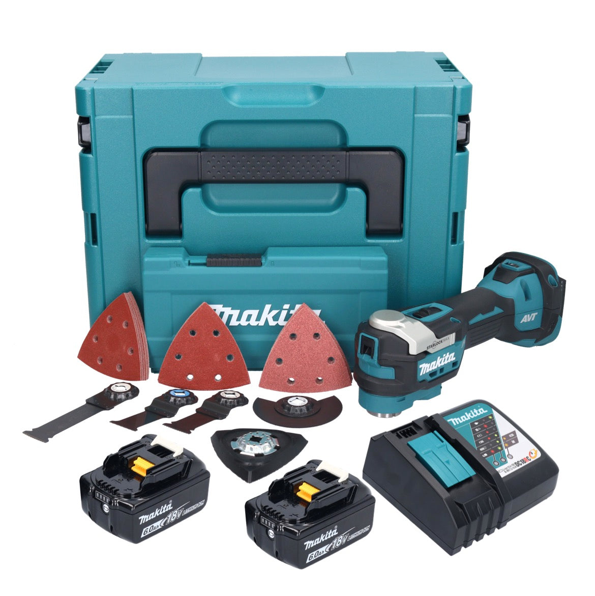 Makita DTM 52 RGJX4 outil multifonction à batterie 18 V Starlock Max Brushless + 2x batteries 6,0 Ah + chargeur + jeu d'accessoires + Makpac