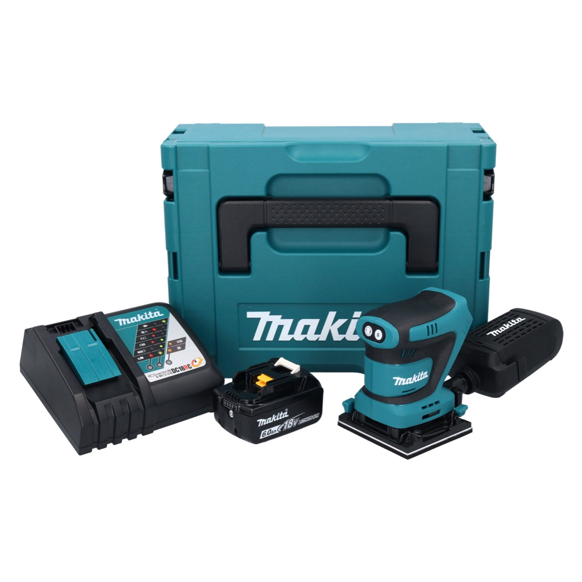 Makita DBO 481 RG1J Akku Schwingschleifer 18 V 112 x 102 mm + 1x Akku 6,0 Ah + Ladegerät + Makpac